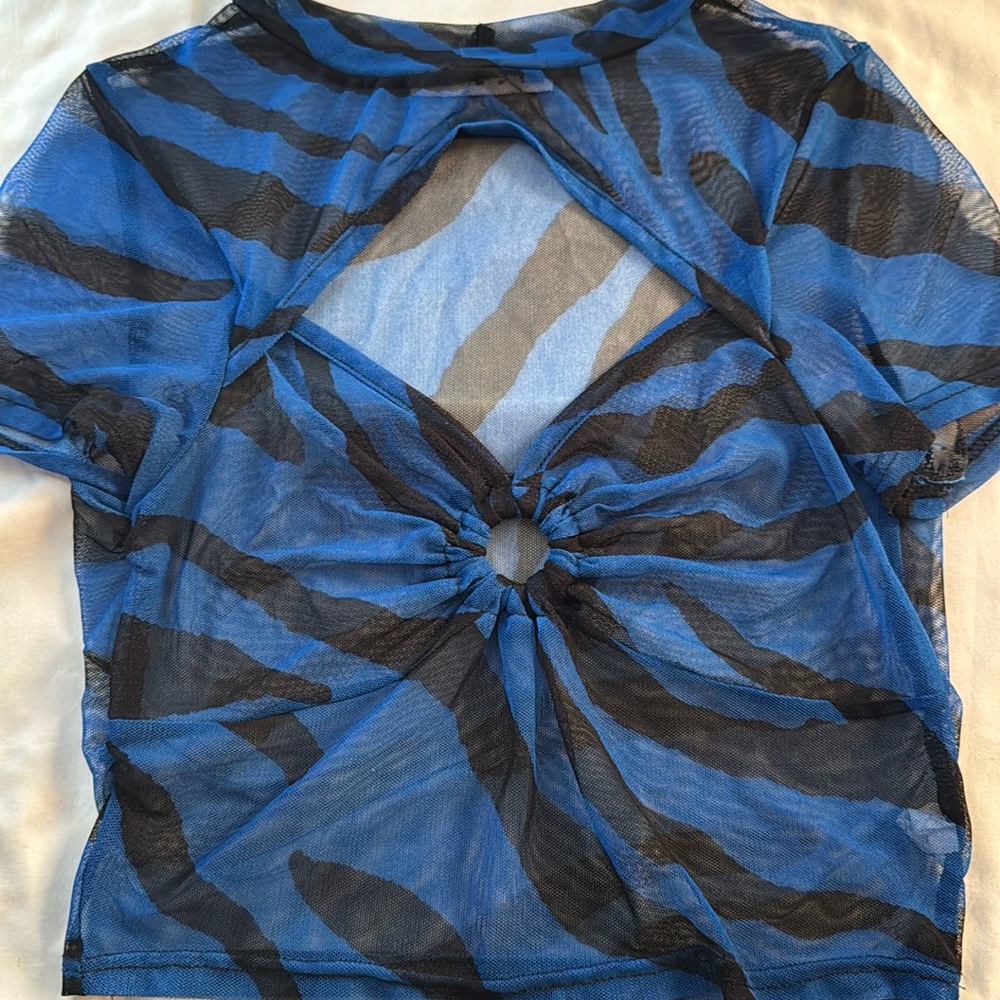 Blue and black striped mesh top